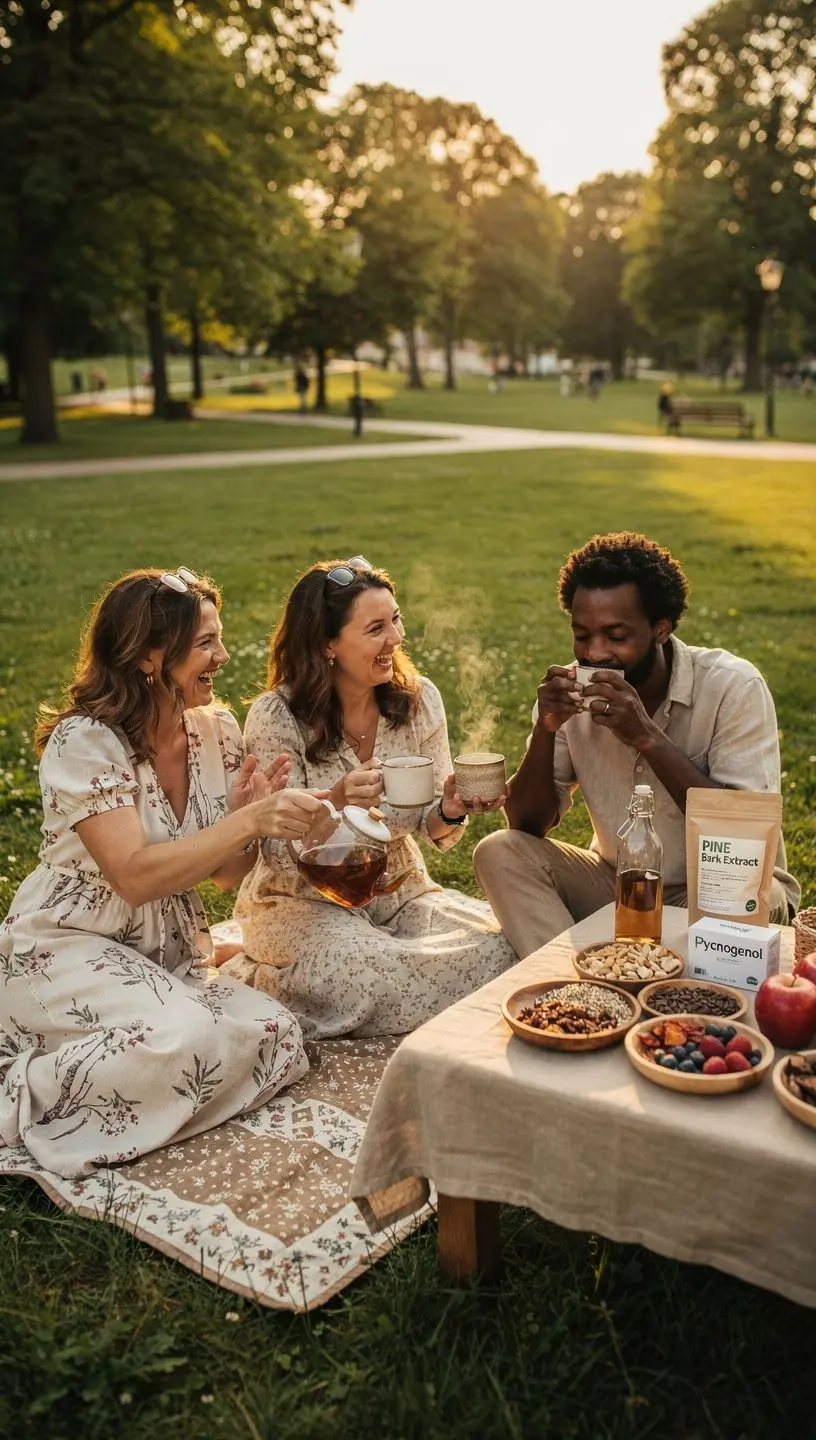 Pušies žievės ekstrakto arbata puodelyje su šviežiais lapais.