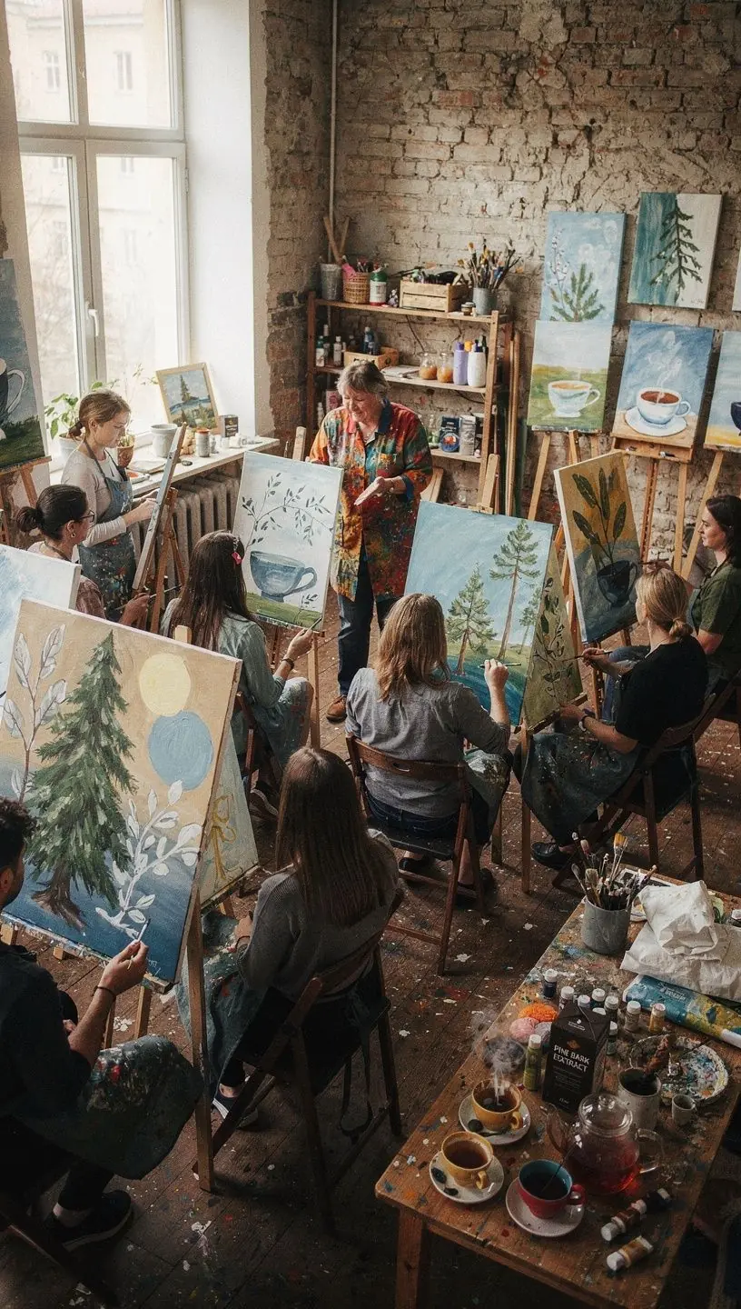 Dvi puodeliai pušų žievės arbatos ant medinio stalo su natūraliu apšvietimu.