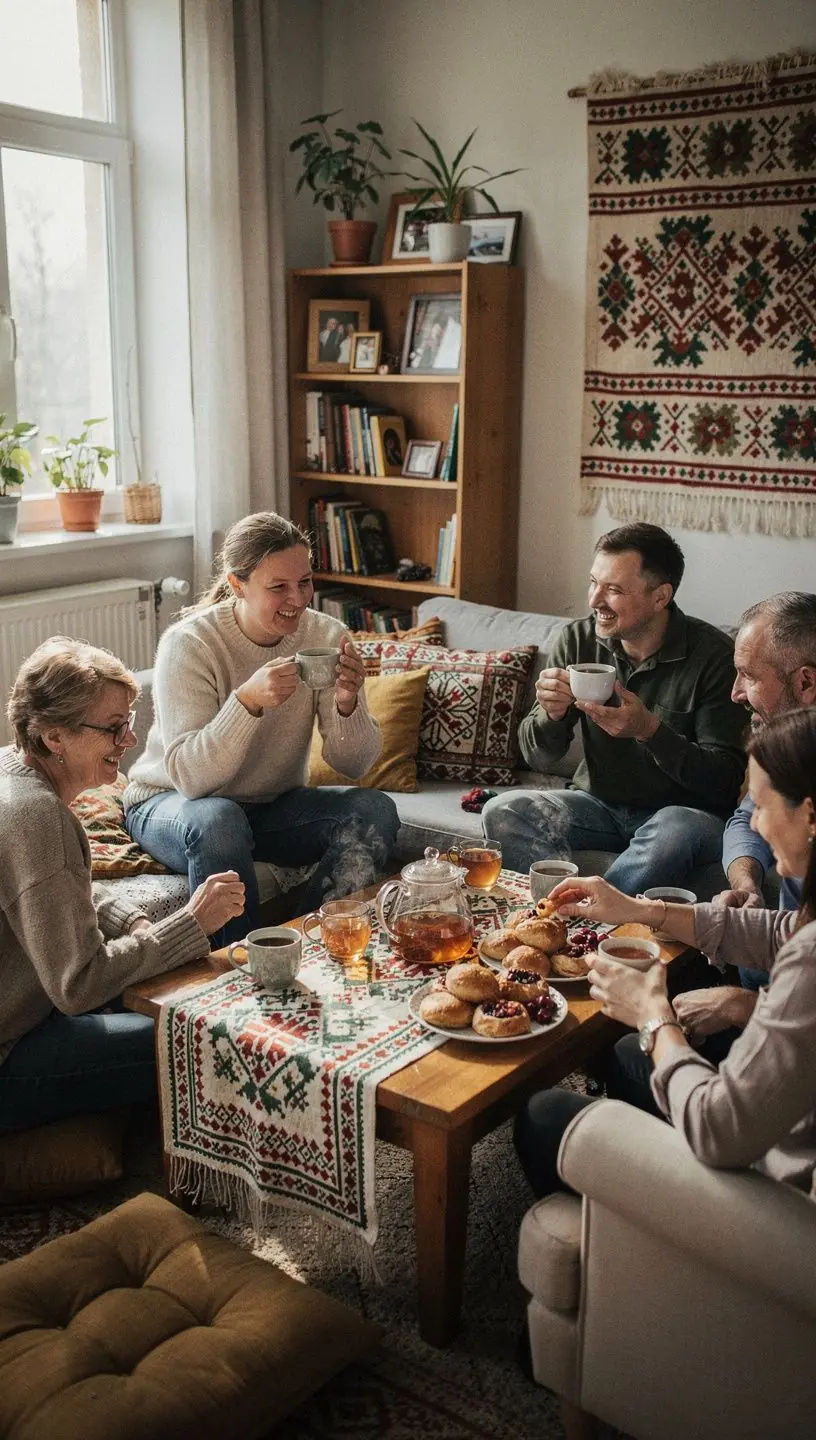 Asmuo mėgaujasi pušų žievės arbata gamtos apsuptyje.