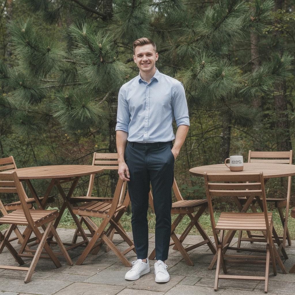 Moteris, mėgaujanti pušies žievės ekstrakto arbata, sėdinti gamtoje.